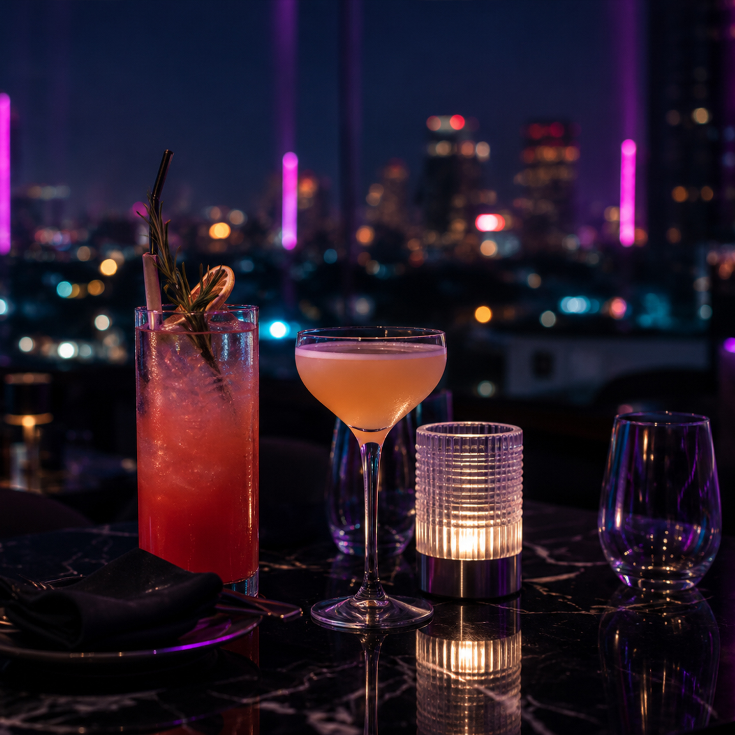 Two cocktails on a dark marble table with the Bangkok skyline behind