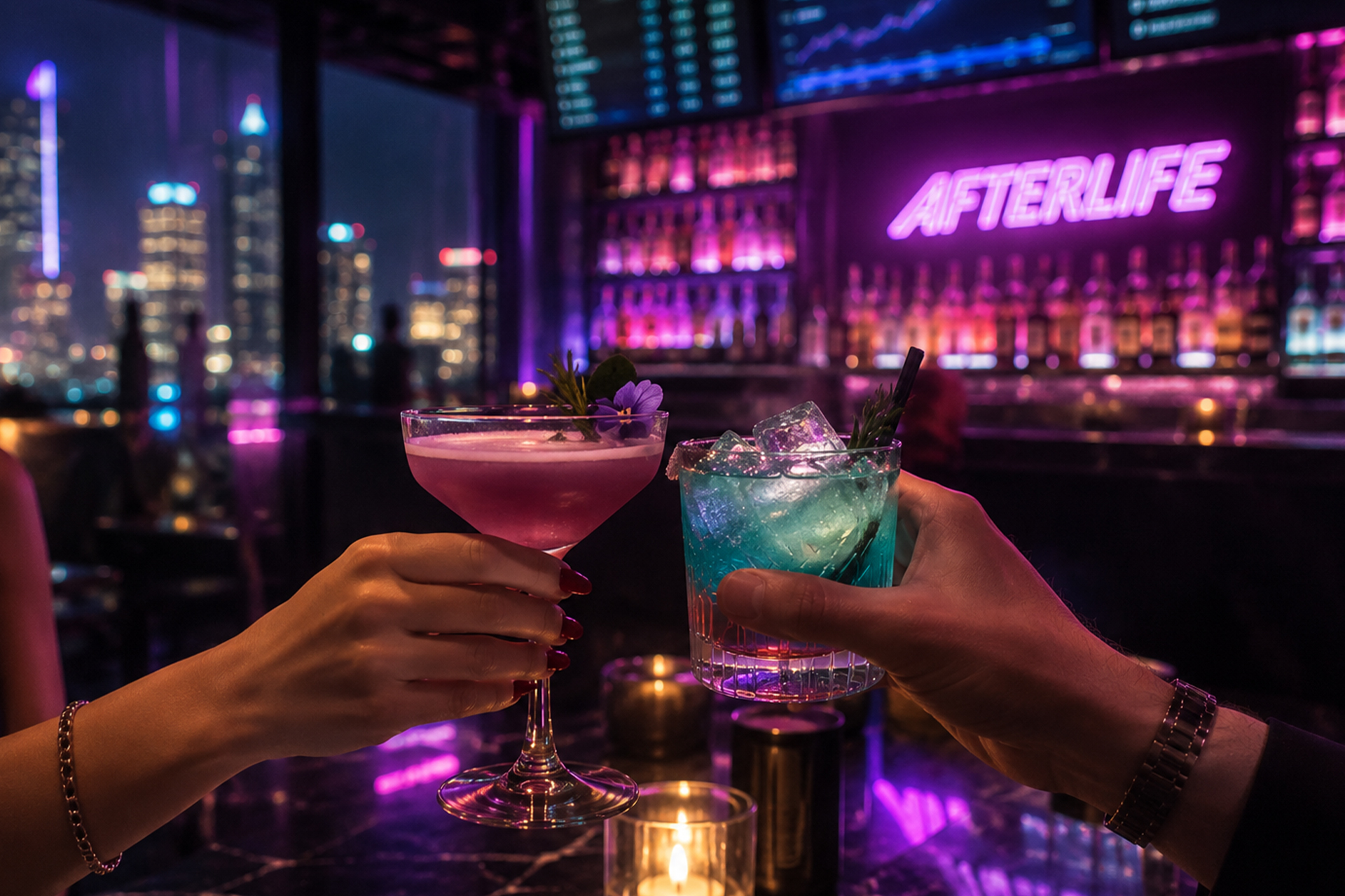 Two guests clinking cocktails in front of the neon Afterlife bar sign