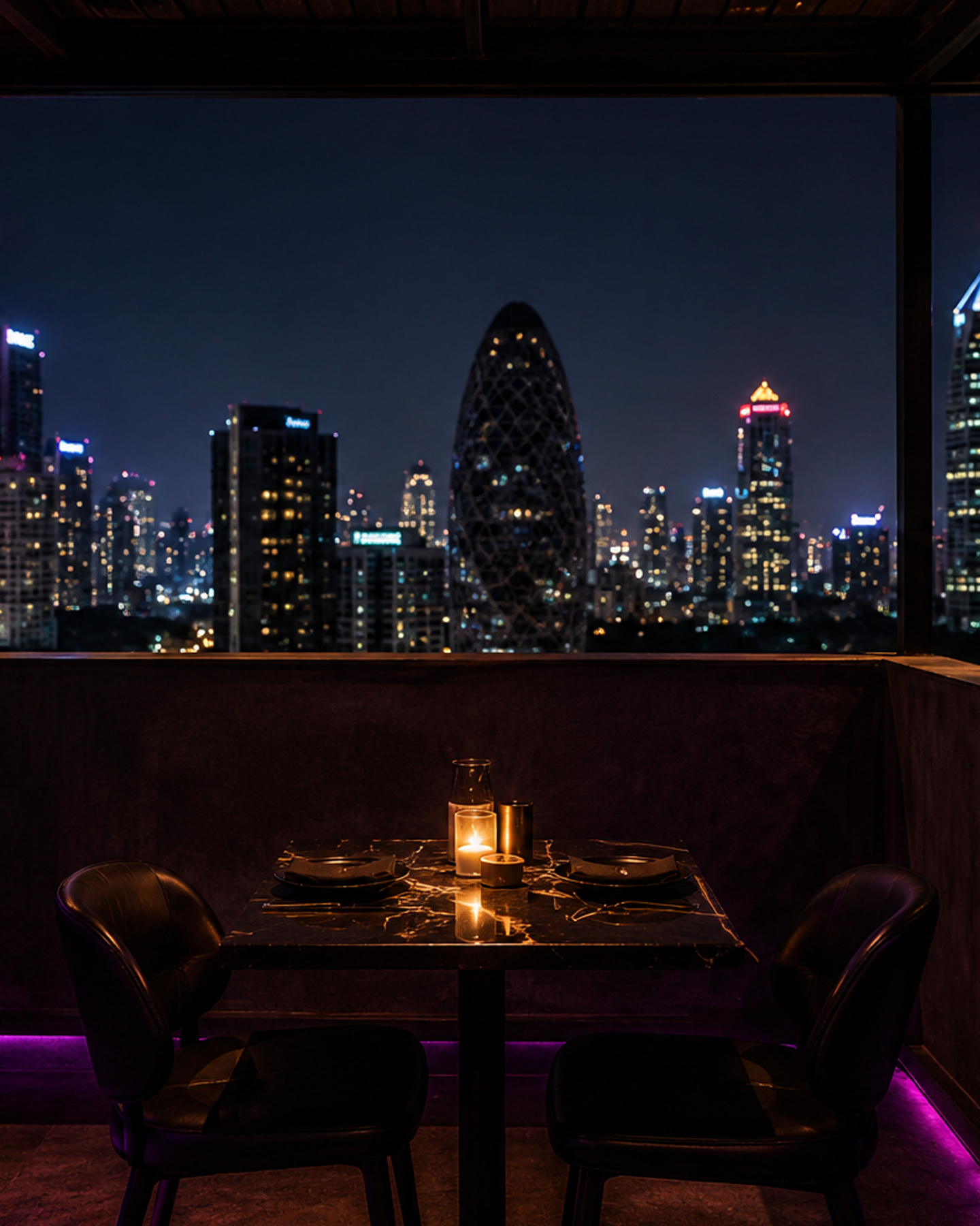 Candlelit table with a view of the Bangkok skyline at night